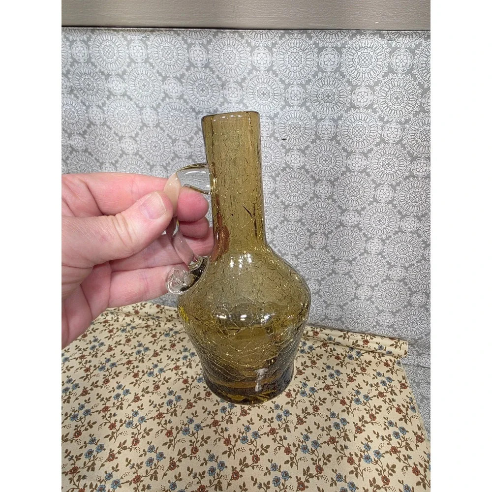 Vintage Crackle Glass Vases Olive Brown Pitcher with Caged‎ Glass Stand Boho Set